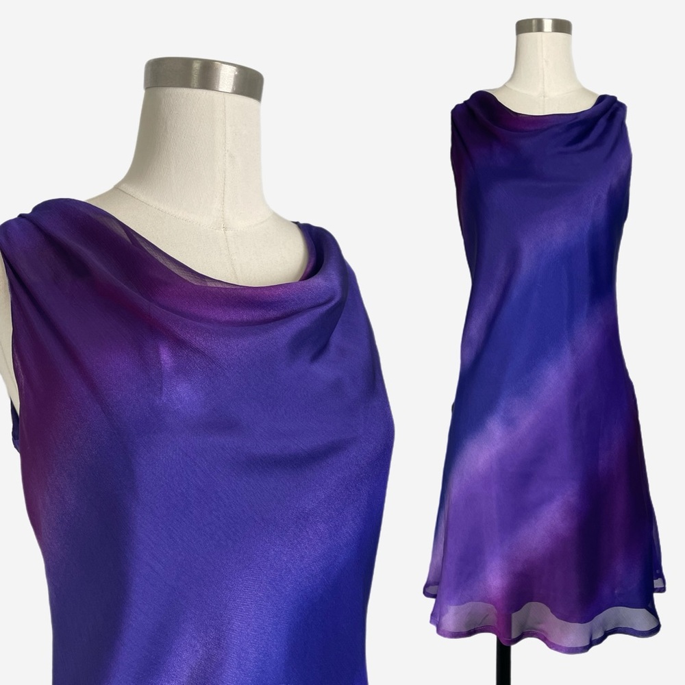 Vintage Y2K David Warren Purple ombre tie dye cowl neck slip dress fairy S/M
